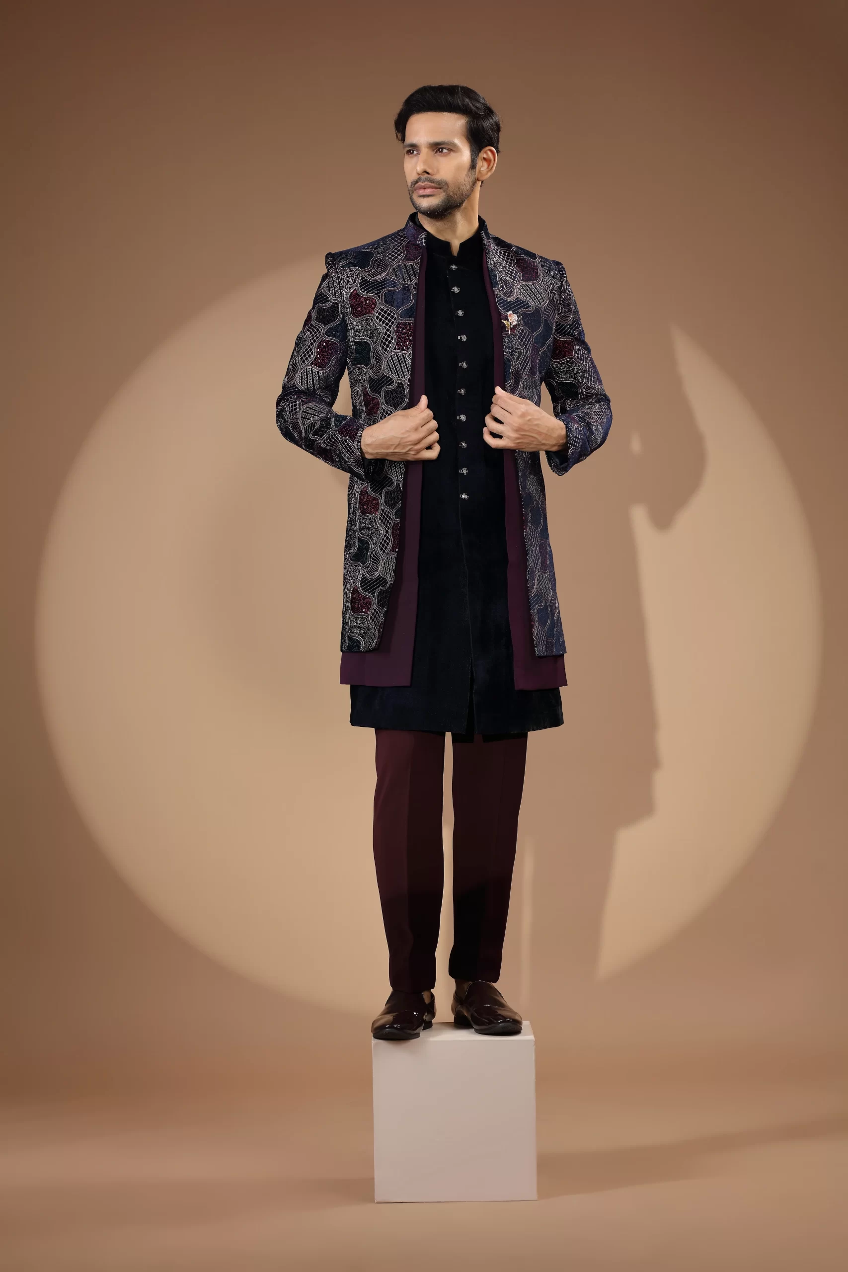 Black & Maroon Sequin Thread Embroidered Velvet Indo-Western