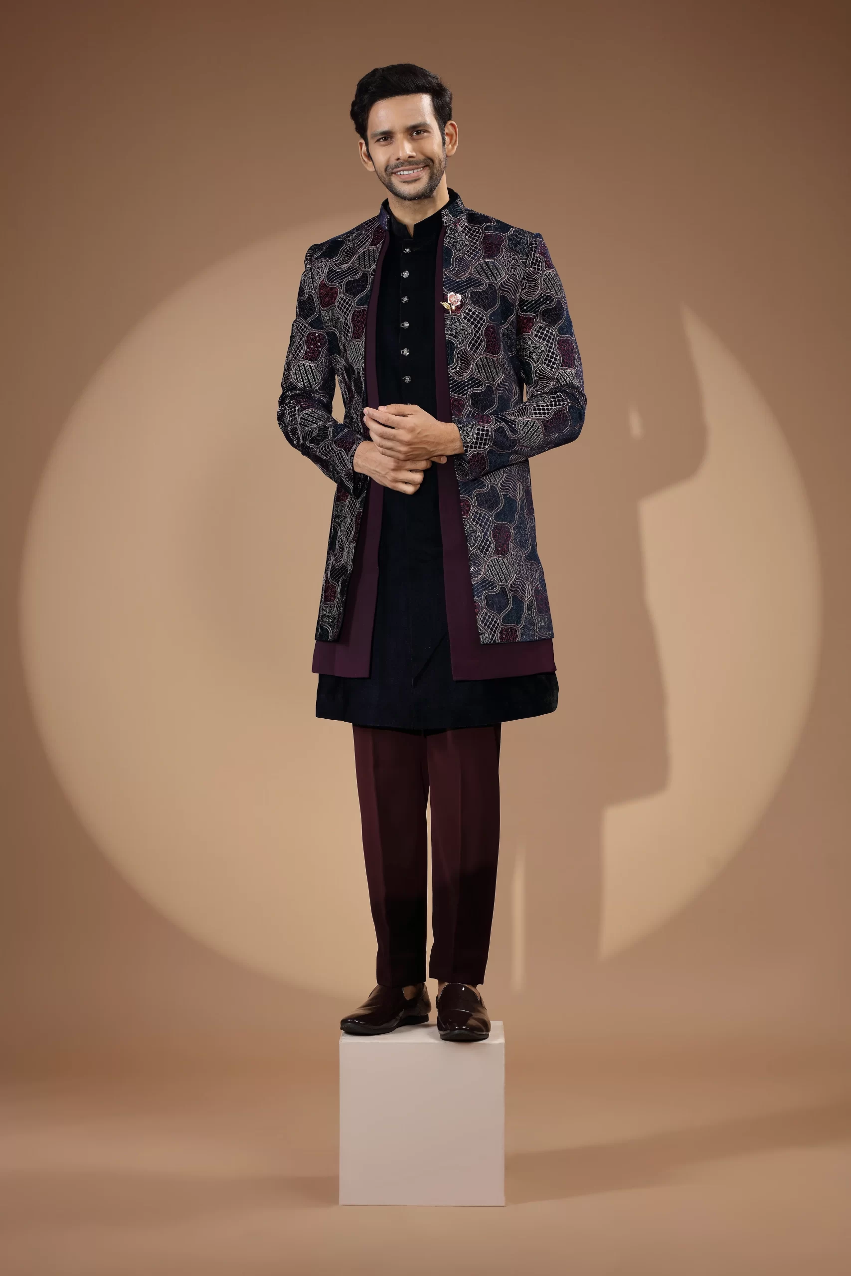 Black & Maroon Sequin Thread Embroidered Velvet Indo-Western