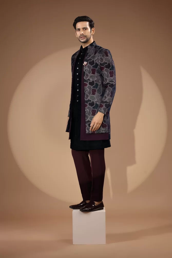 Black & Maroon Sequin Thread Embroidered Velvet Indo-Western