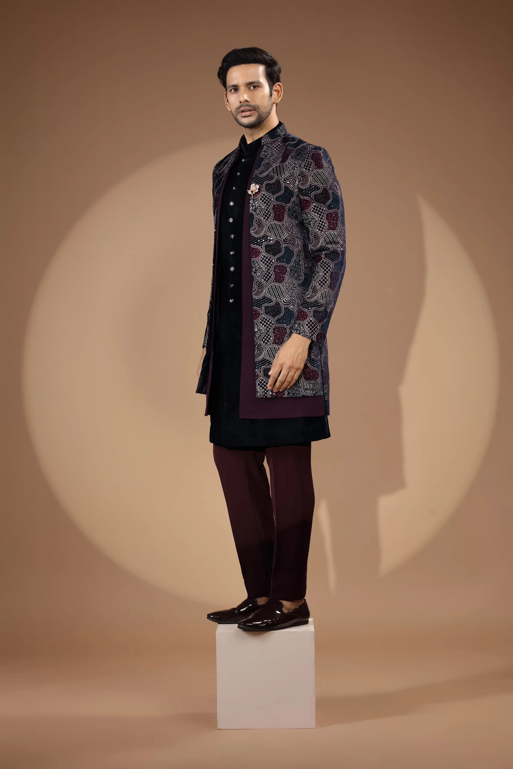 Black & Maroon Sequin Thread Embroidered Velvet Indo-Western