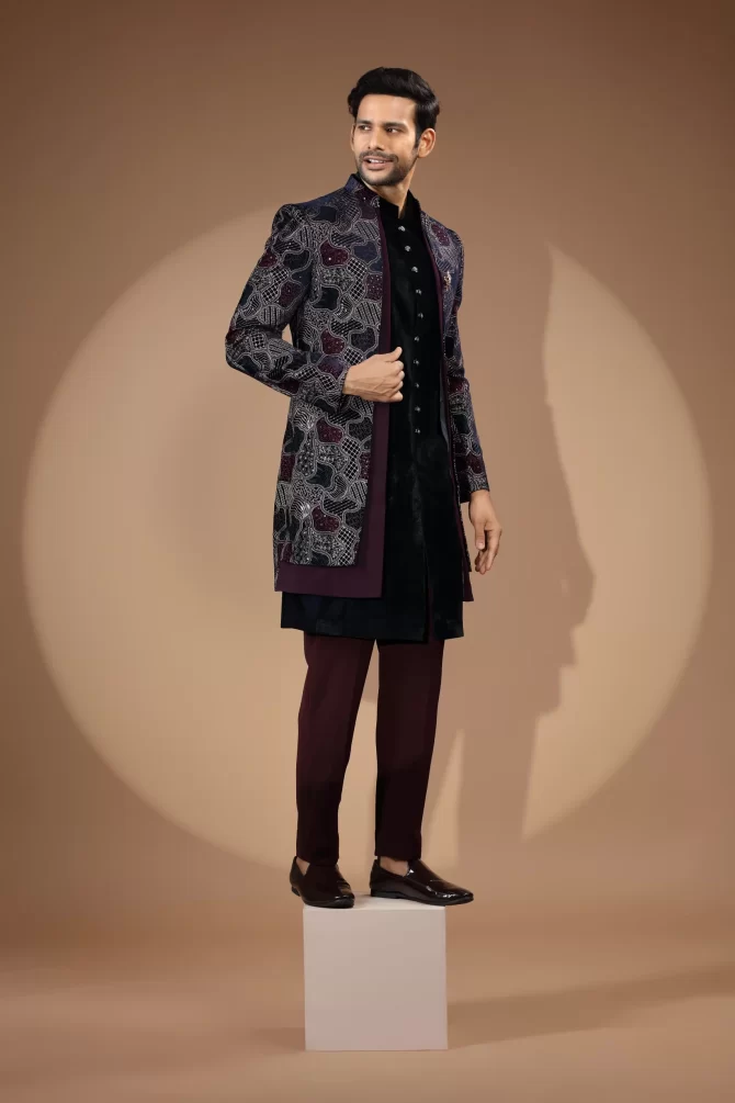 Black & Maroon Sequin Thread Embroidered Velvet Indo-Western
