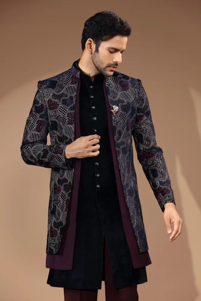 Black & Maroon Sequin Thread Embroidered Velvet Indo-Western