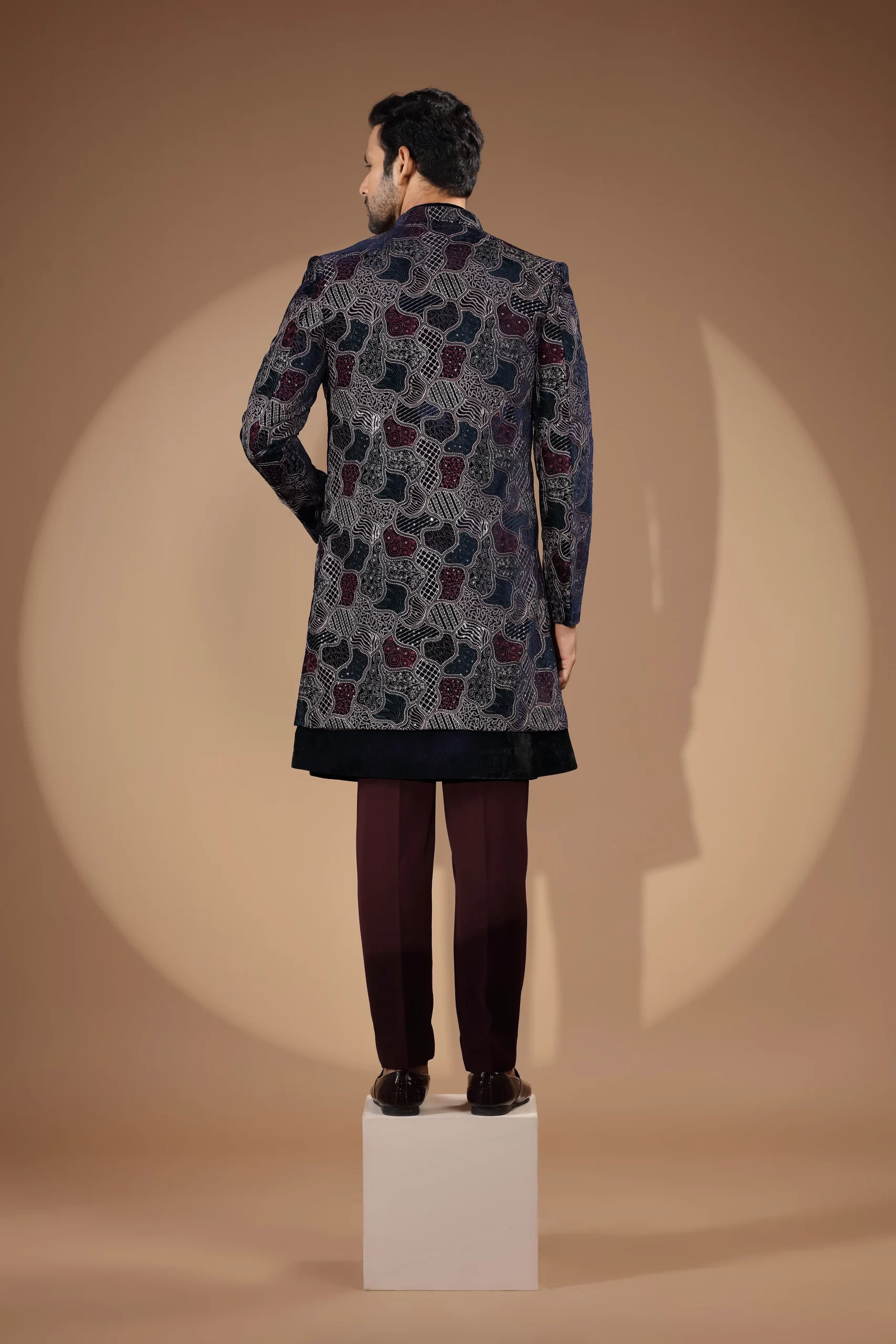 Black & Maroon Sequin Thread Embroidered Velvet Indo-Western