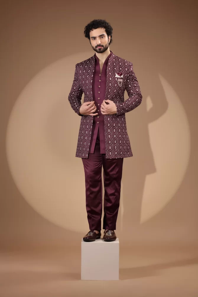 Maroon & White Sequin Thread Embroidered Velvet Indo-Western