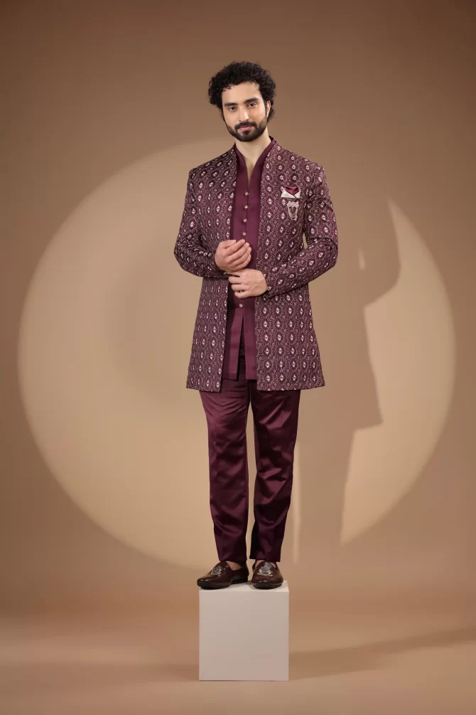 Maroon & White Sequin Thread Embroidered Velvet Indo-Western