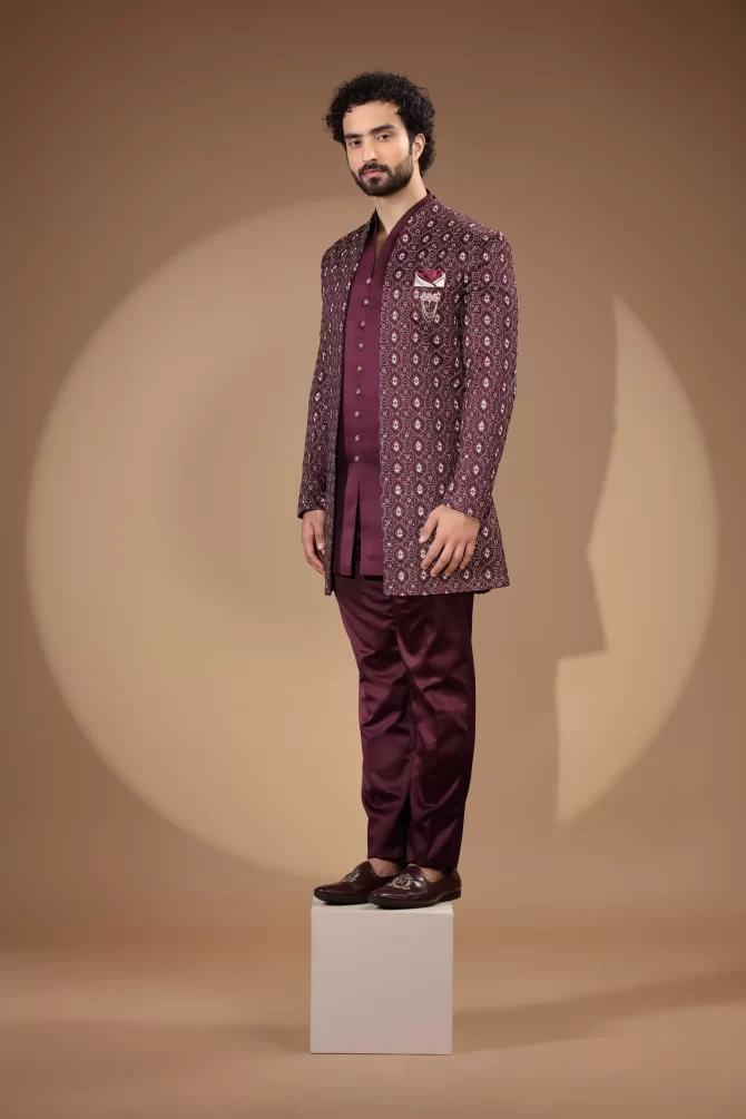 Maroon & White Sequin Thread Embroidered Velvet Indo-Western