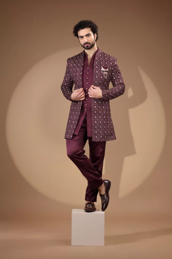 Maroon & White Sequin Thread Embroidered Velvet Indo-Western