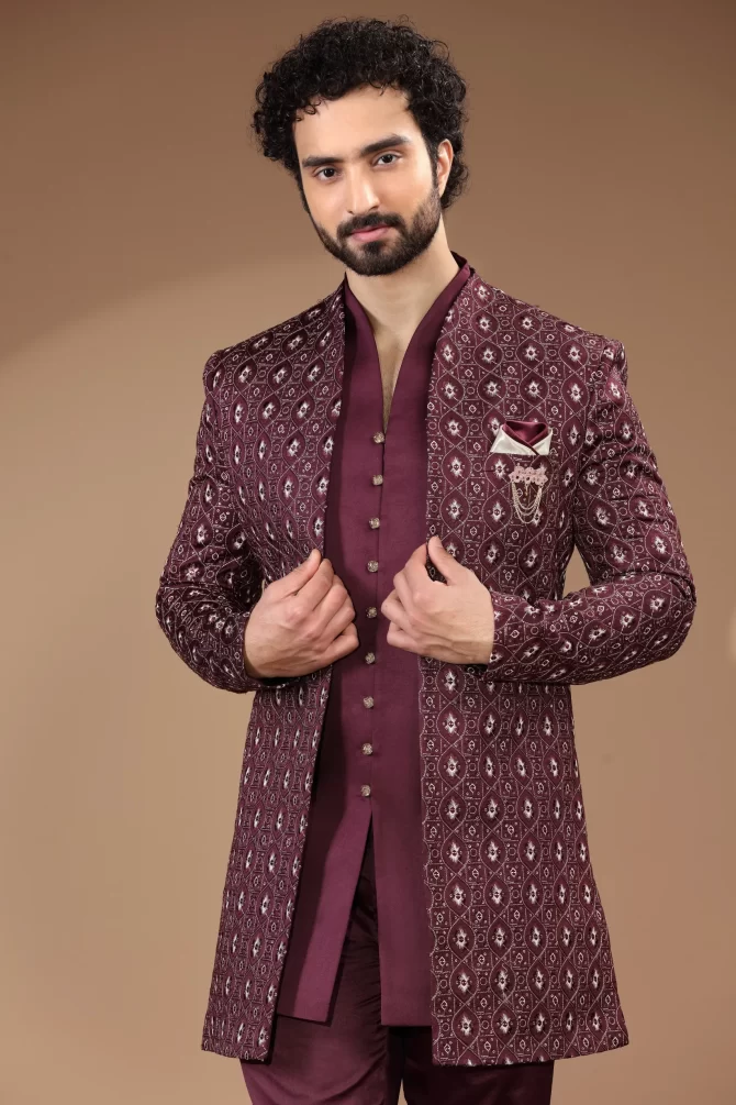 Maroon & White Sequin Thread Embroidered Velvet Indo-Western
