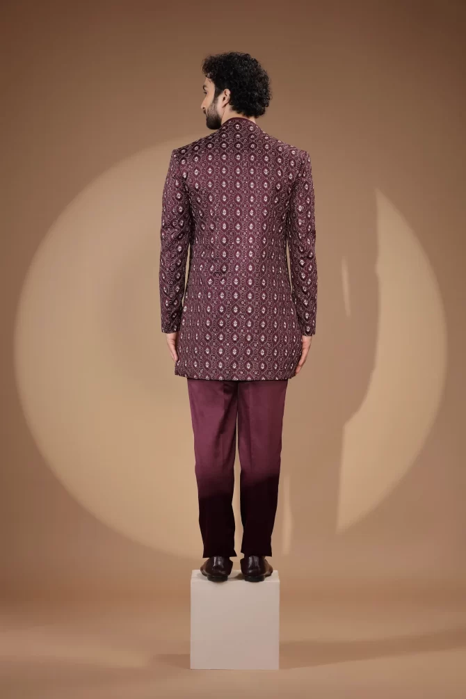 Maroon & White Sequin Thread Embroidered Velvet Indo-Western