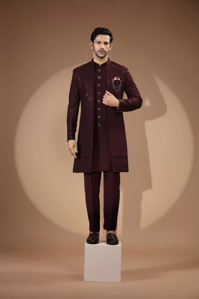 Maroon Sequin Embroidered Velvet Indo-Western