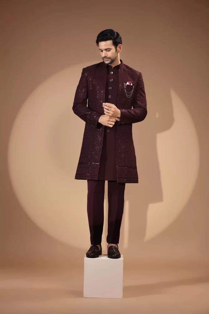 Maroon Sequin Embroidered Velvet Indo-Western