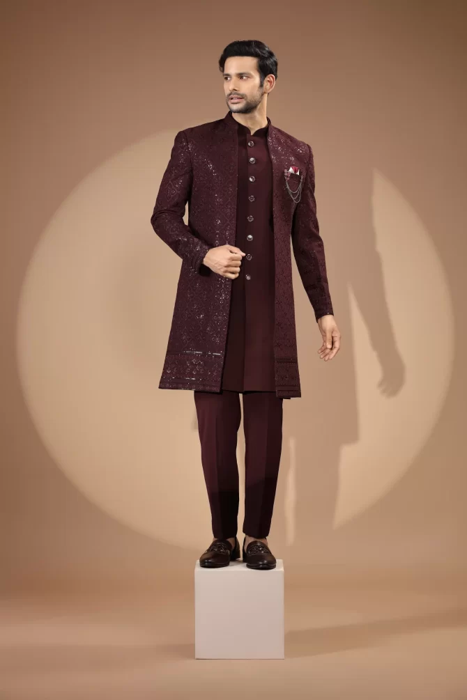 Maroon Sequin Embroidered Velvet Indo-Western