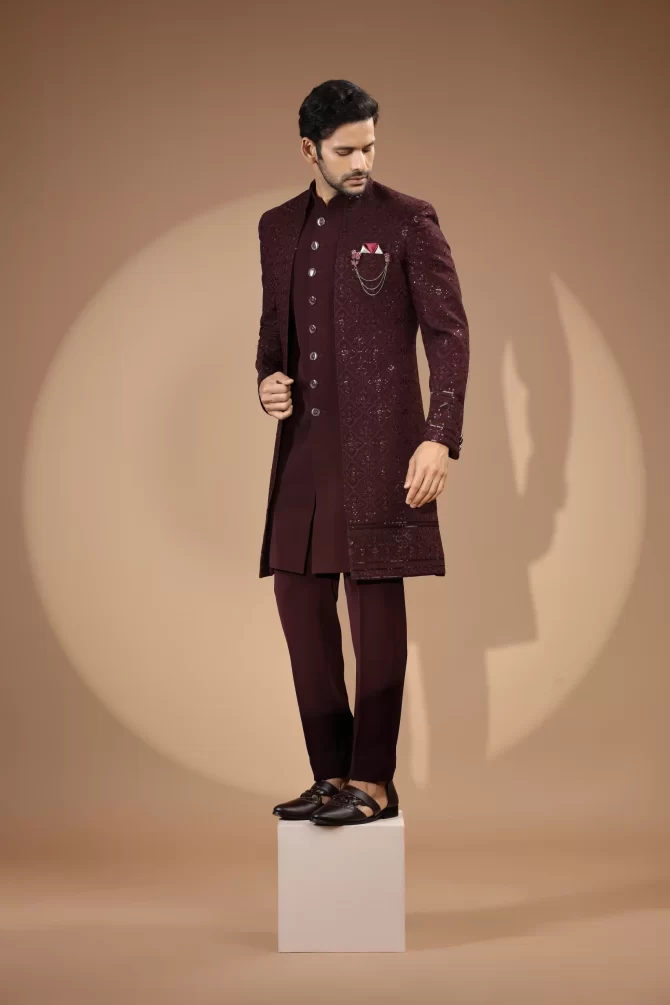 Maroon Sequin Embroidered Velvet Indo-Western
