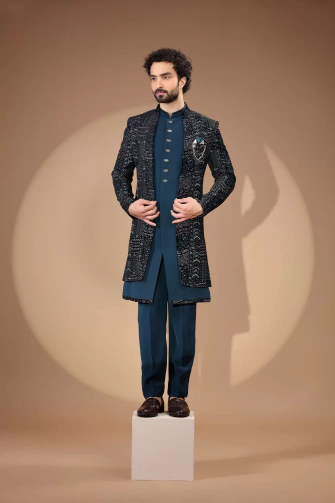 Royal Blue With Multicolor Sequin Thread Embroidered Velvet Indo-Western