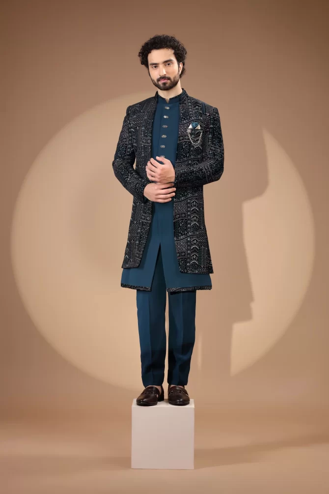 Royal Blue With Multicolor Sequin Thread Embroidered Velvet Indo-Western