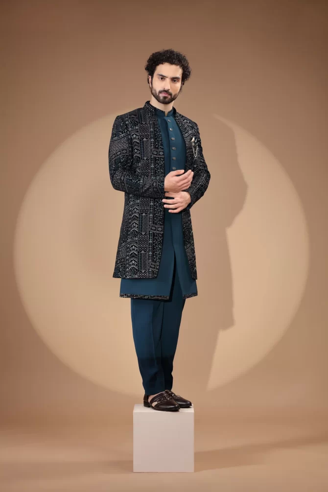 Royal Blue With Multicolor Sequin Thread Embroidered Velvet Indo-Western