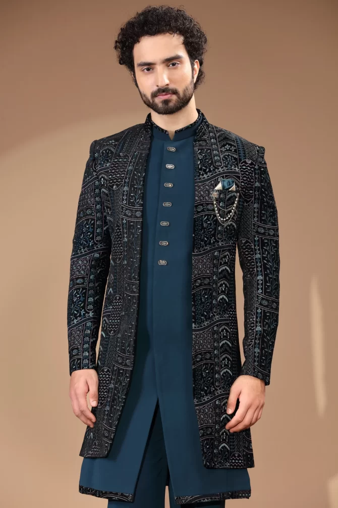Royal Blue With Multicolor Sequin Thread Embroidered Velvet Indo-Western