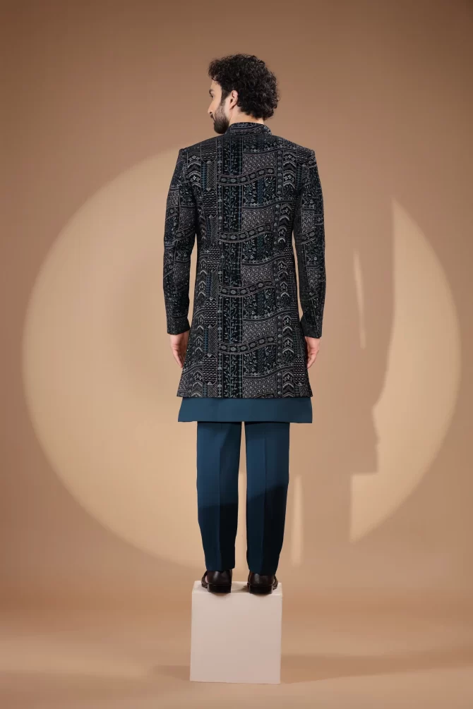Royal Blue With Multicolor Sequin Thread Embroidered Velvet Indo-Western