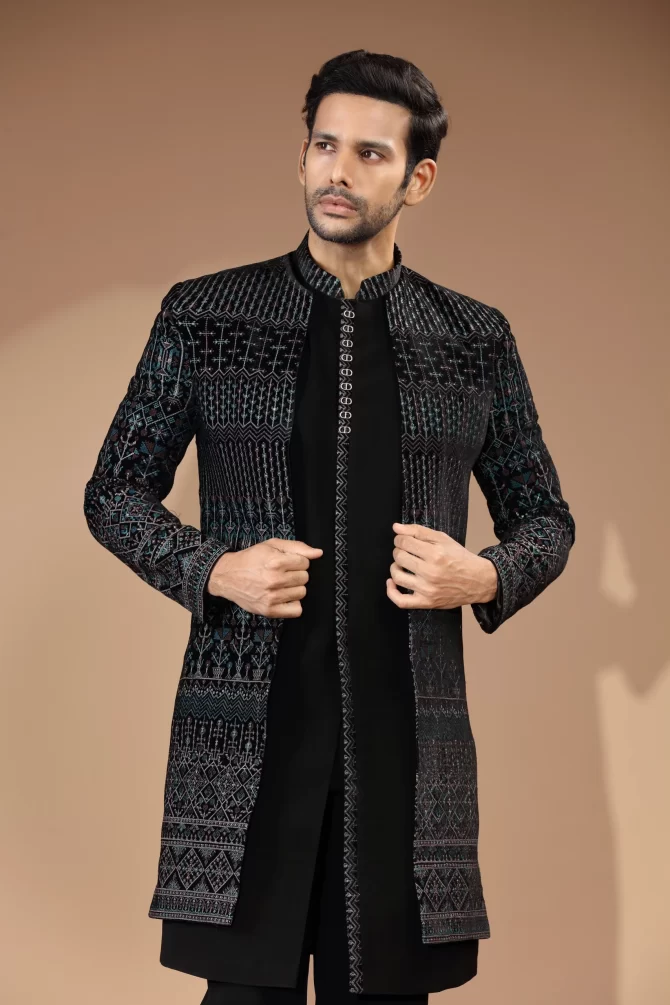 Black With Multicolor Sequin Thread Embroidered Velvet Indo-Western
