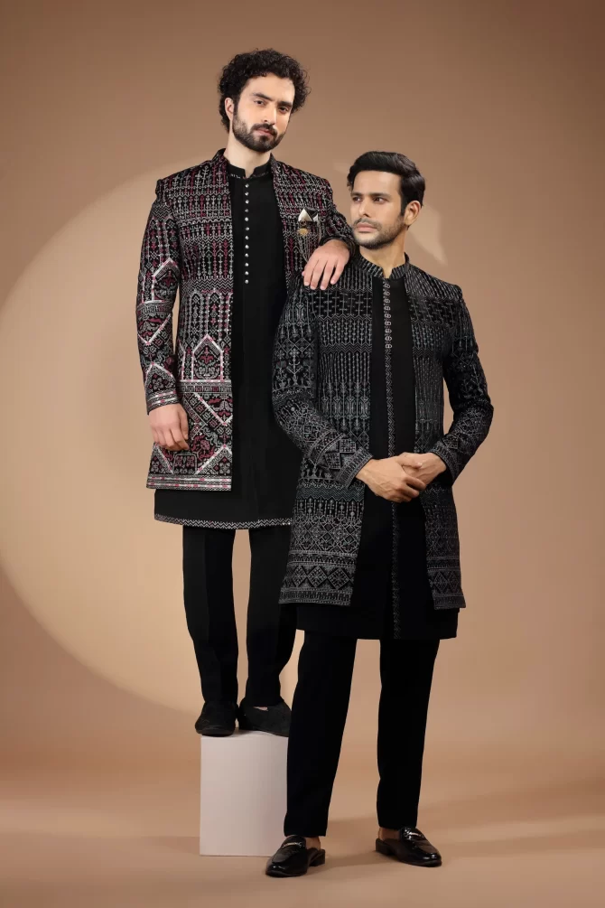 Black & Maroon With Multicolor Sequin Thread Embroidered Velvet Indo-Western