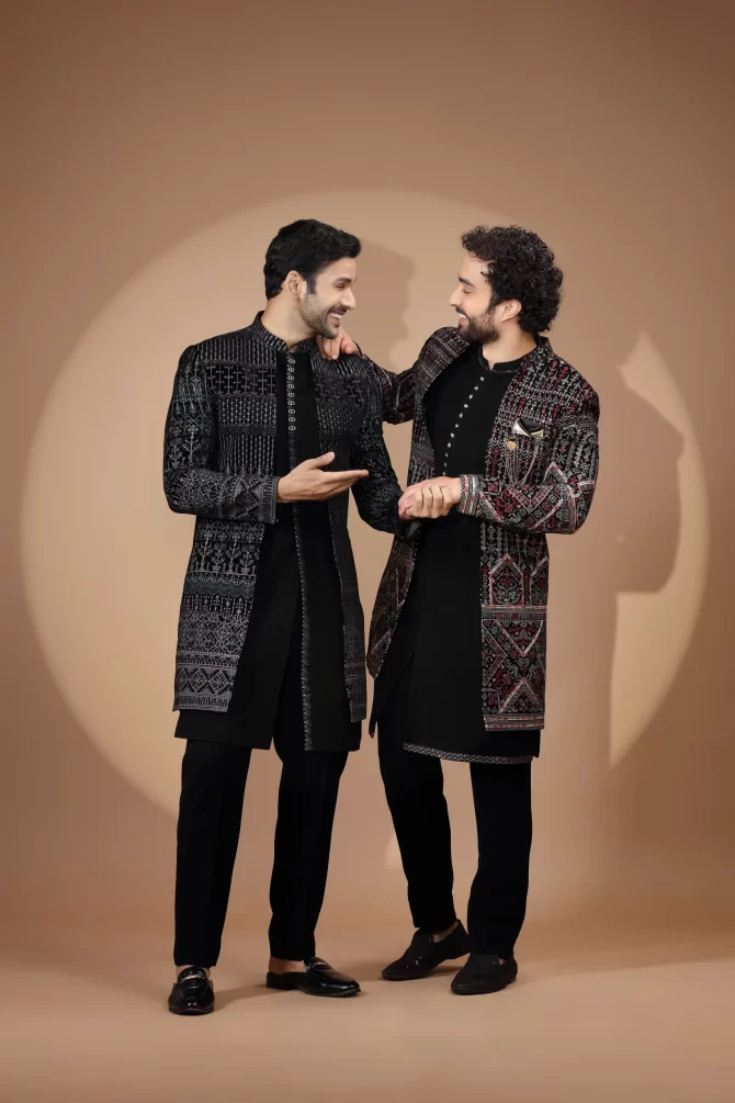Black & Maroon With Multicolor Sequin Thread Embroidered Velvet Indo-Western