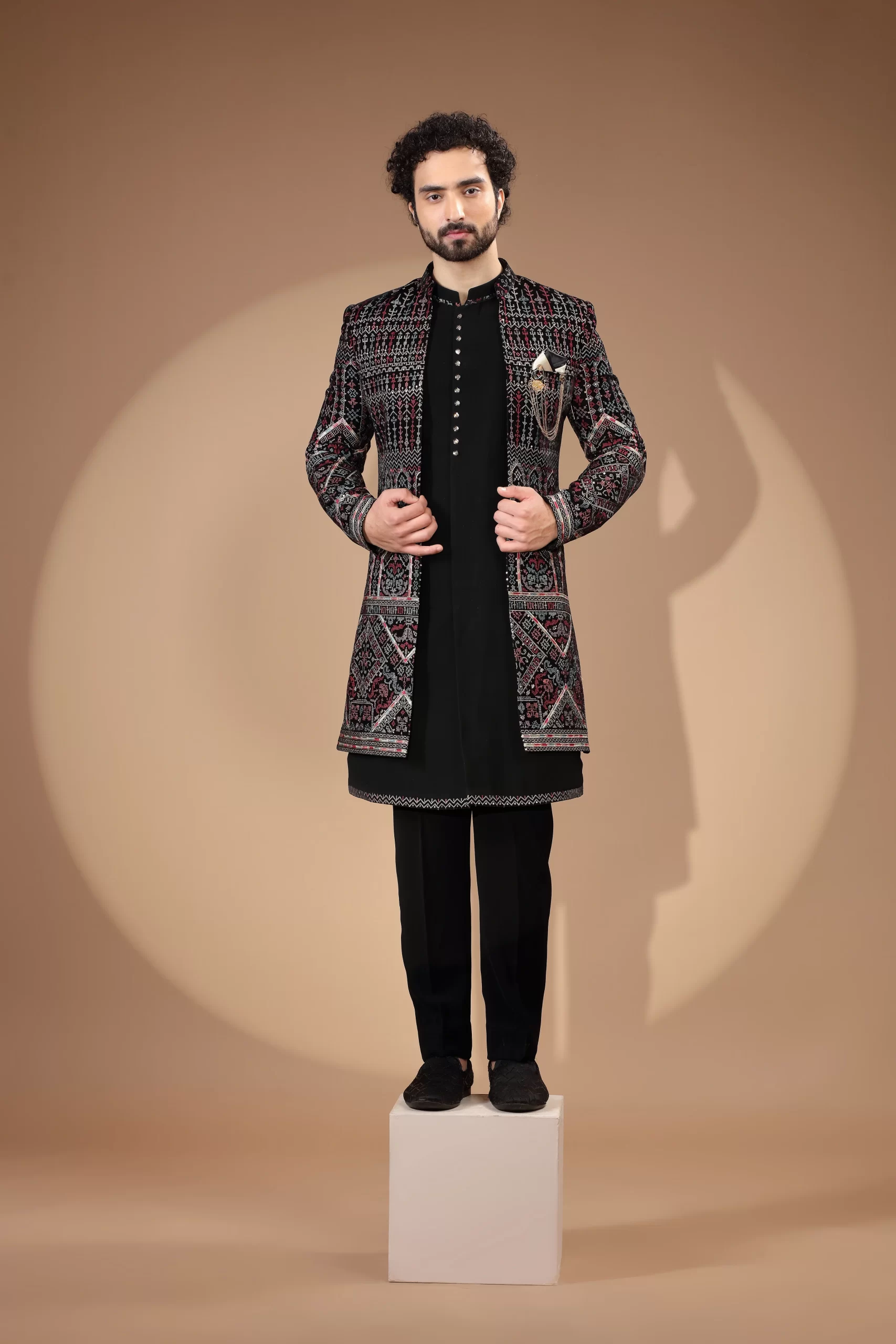 Black & Maroon With Multicolor Sequin Thread Embroidered Velvet Indo-Western