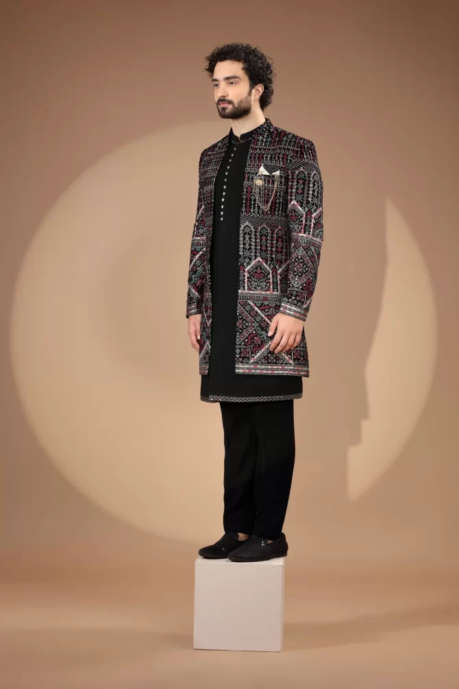 Black & Maroon With Multicolor Sequin Thread Embroidered Velvet Indo-Western