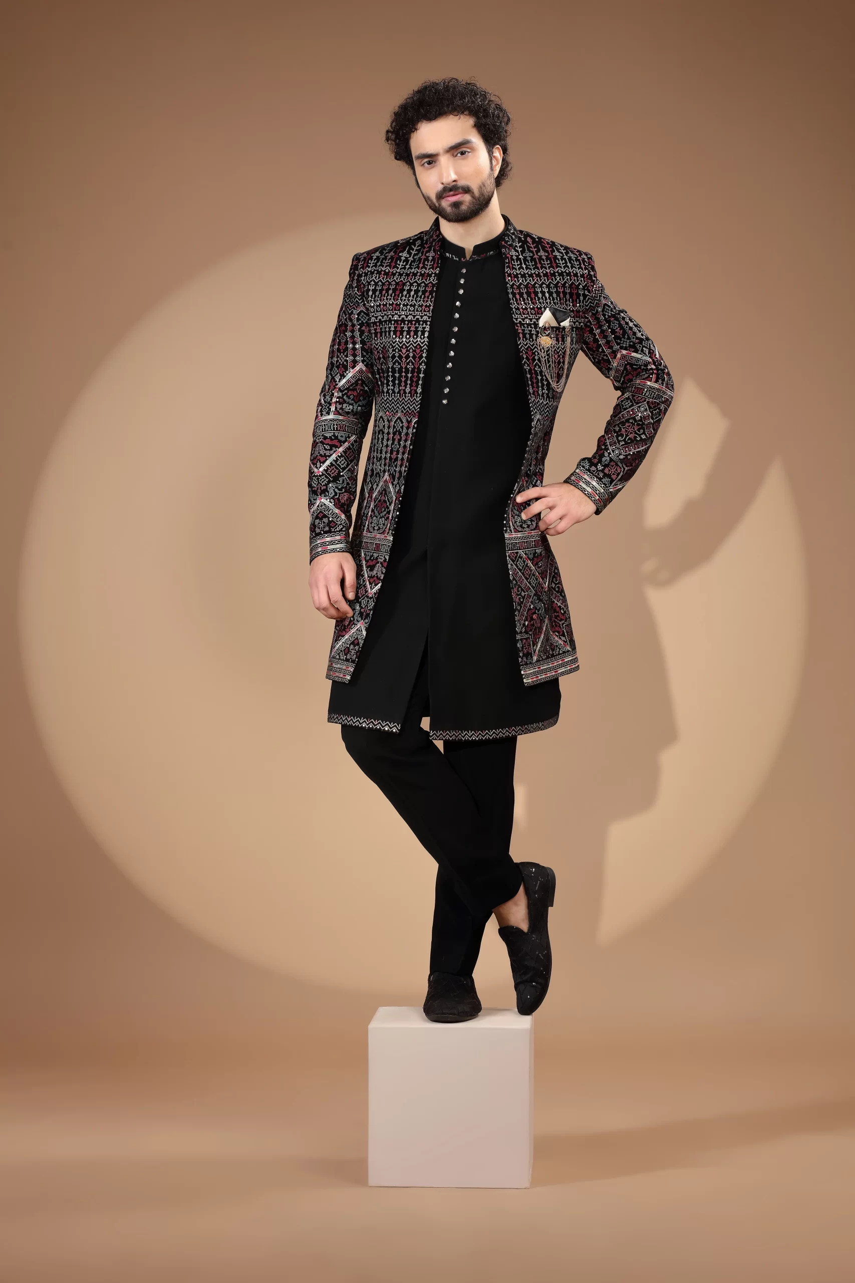 Black & Maroon With Multicolor Sequin Thread Embroidered Velvet Indo-Western