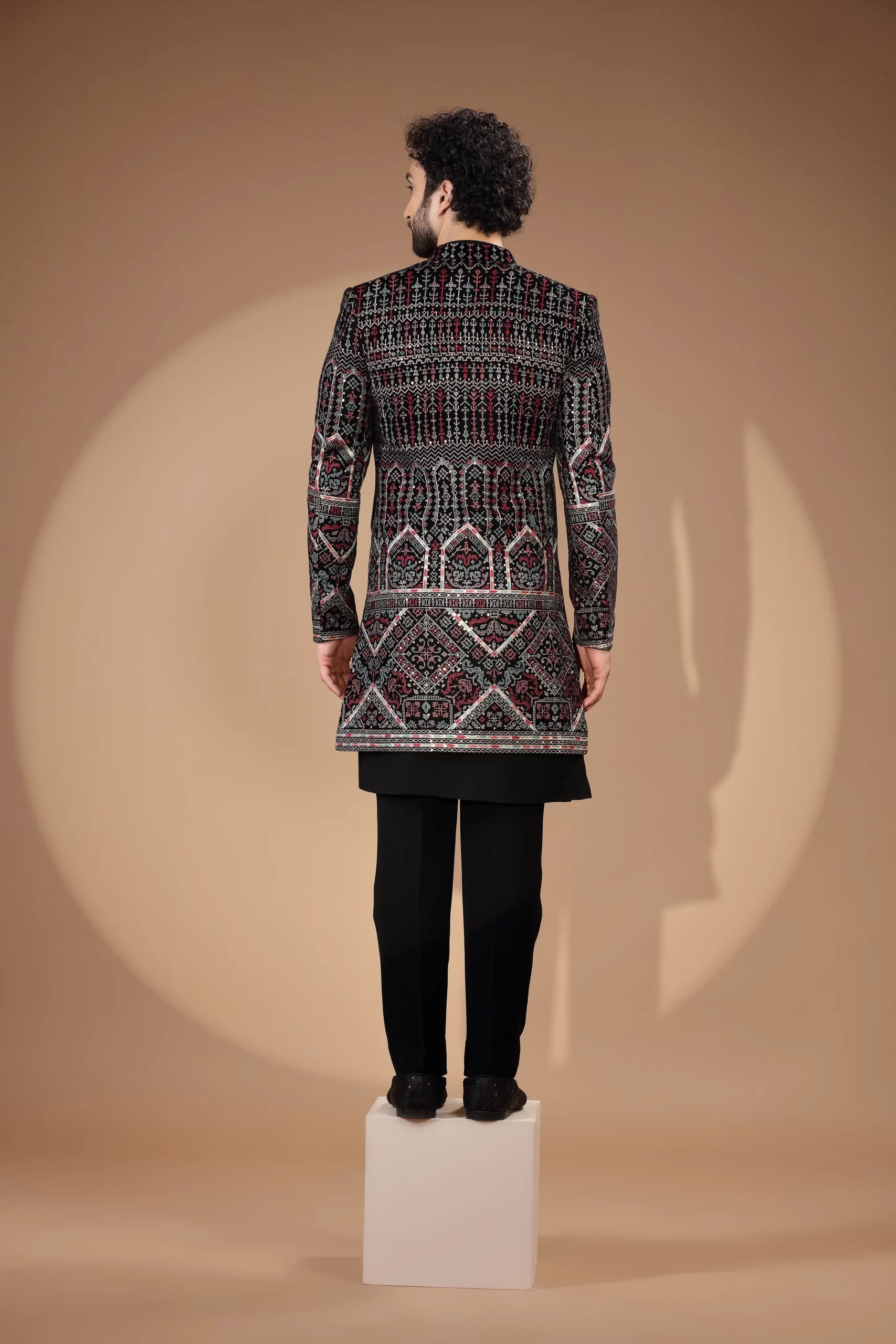 Black & Maroon With Multicolor Sequin Thread Embroidered Velvet Indo-Western