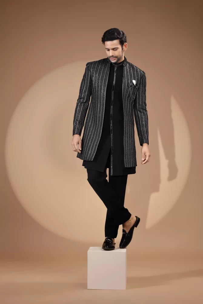 Black & White Sequin Thread Embroidered Indo-Western