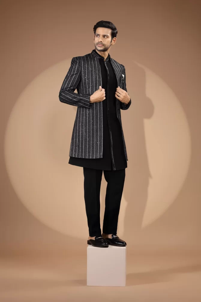 Black & White Sequin Thread Embroidered Indo-Western