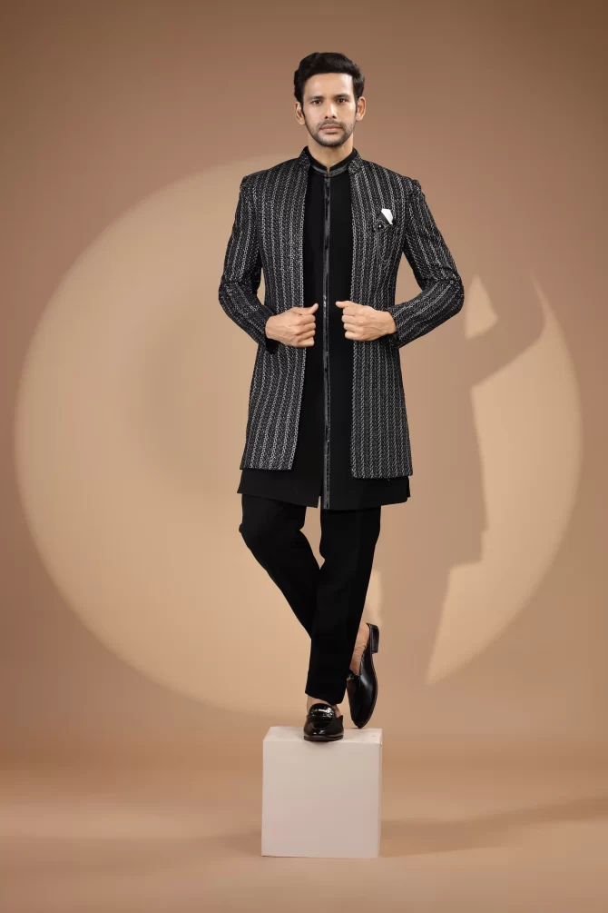 Black & White Sequin Thread Embroidered Indo-Western