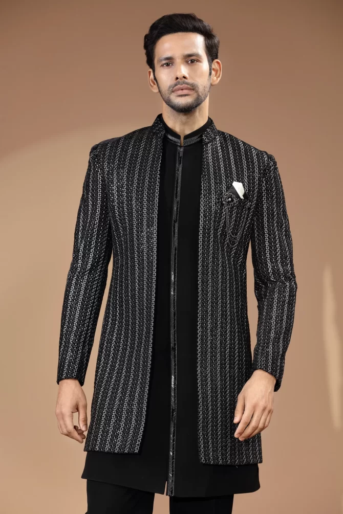 Black & White Sequin Thread Embroidered Indo-Western