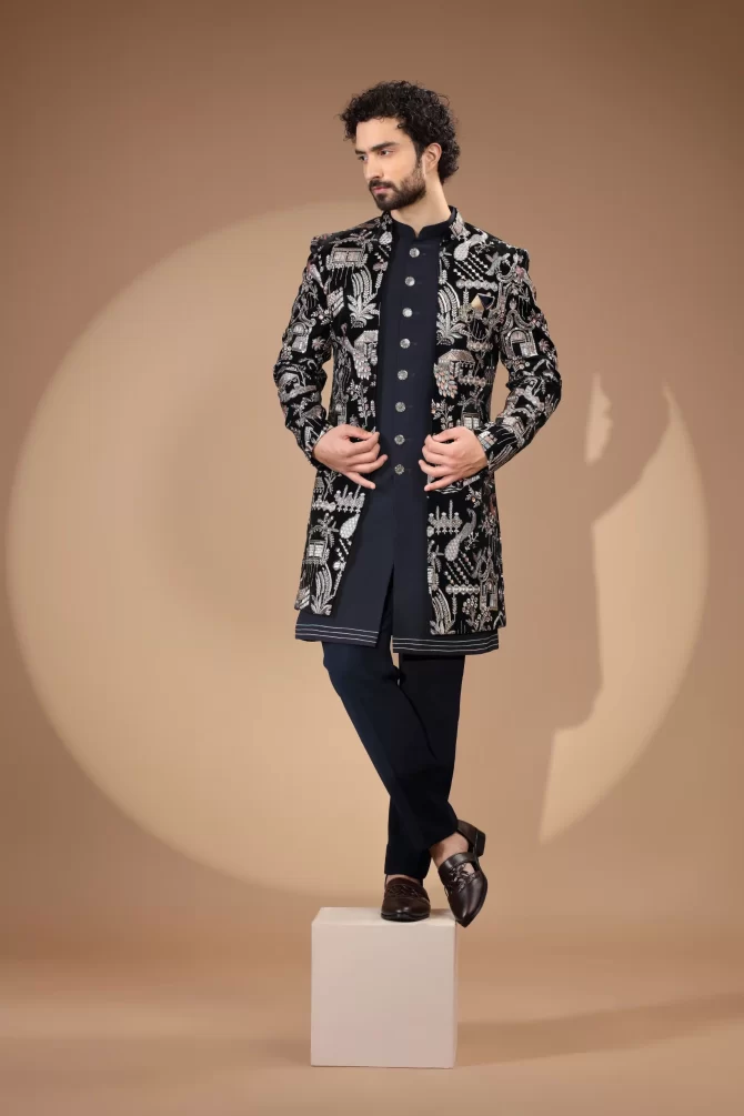 Blue & Golden Sequin Embroidered Velvet Indo-Western
