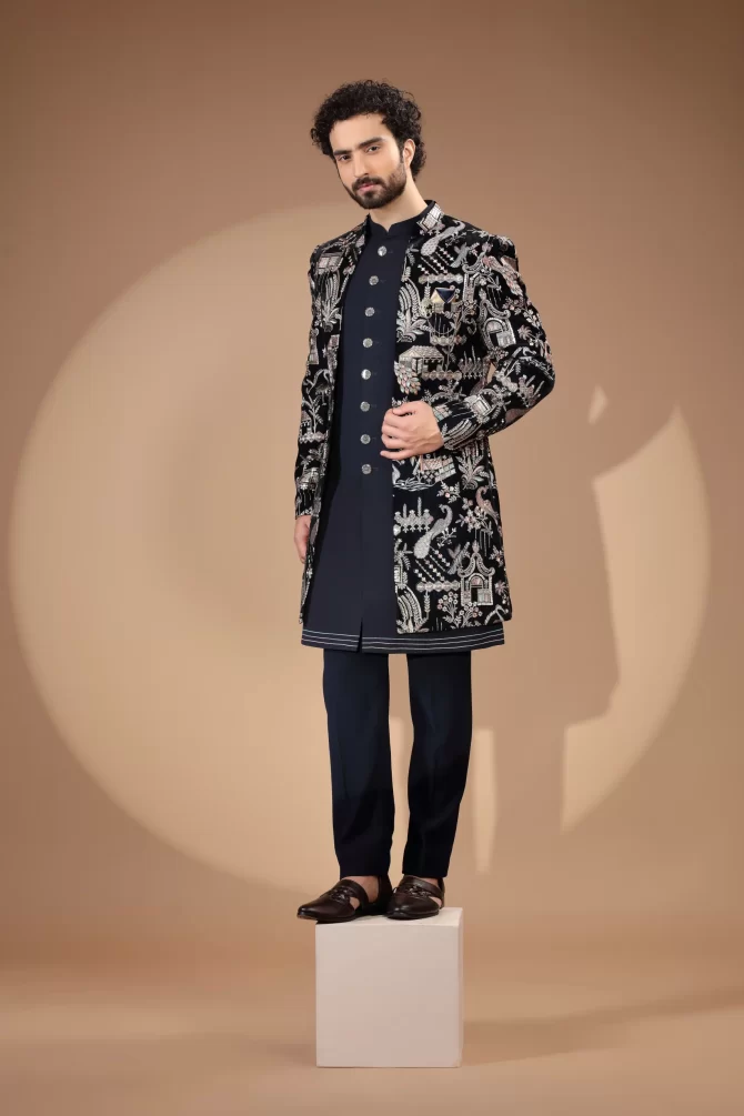 Blue & Golden Sequin Embroidered Velvet Indo-Western