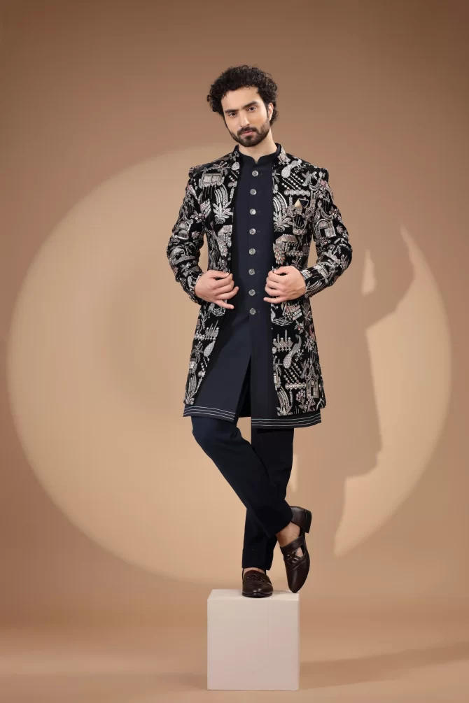 Blue & Golden Sequin Embroidered Velvet Indo-Western