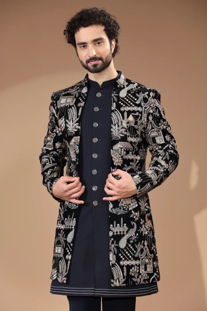 Blue & Golden Sequin Embroidered Velvet Indo-Western