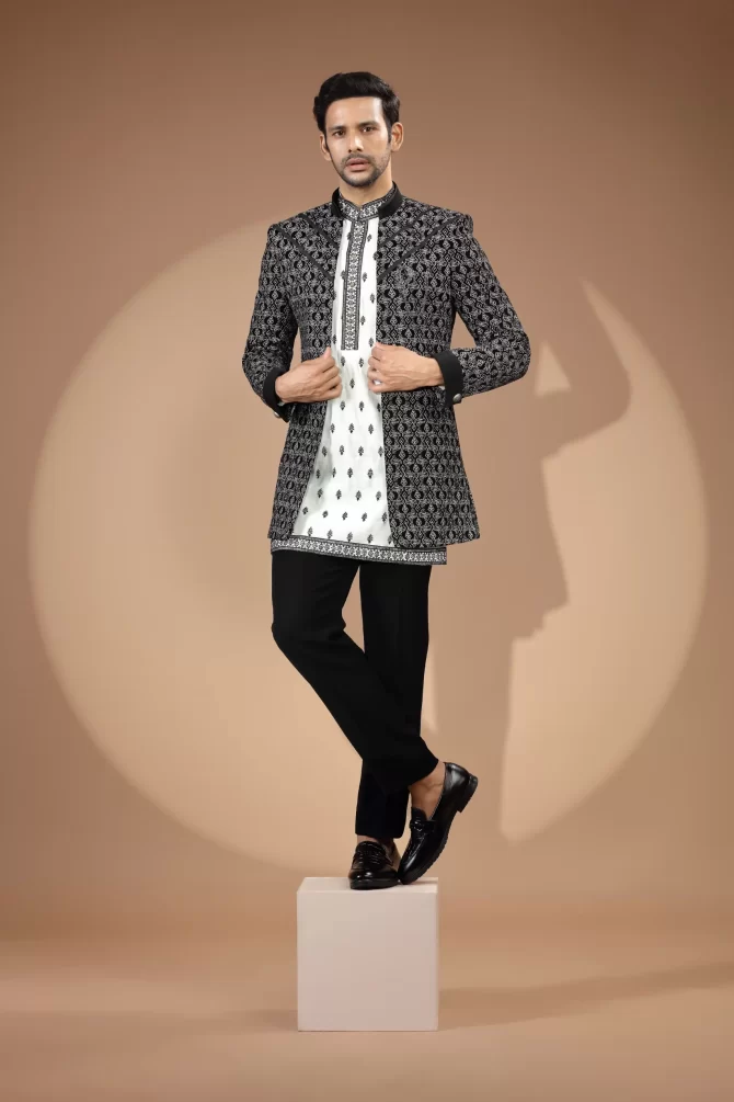 Black & White Printed Sequin Thread Embroidered Velvet Indo-Western