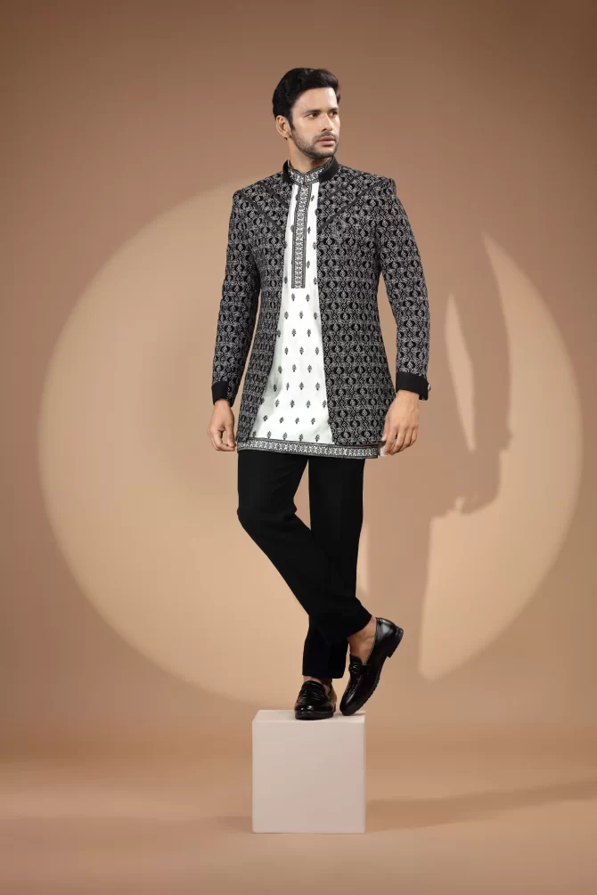 Black & White Printed Sequin Thread Embroidered Velvet Indo-Western