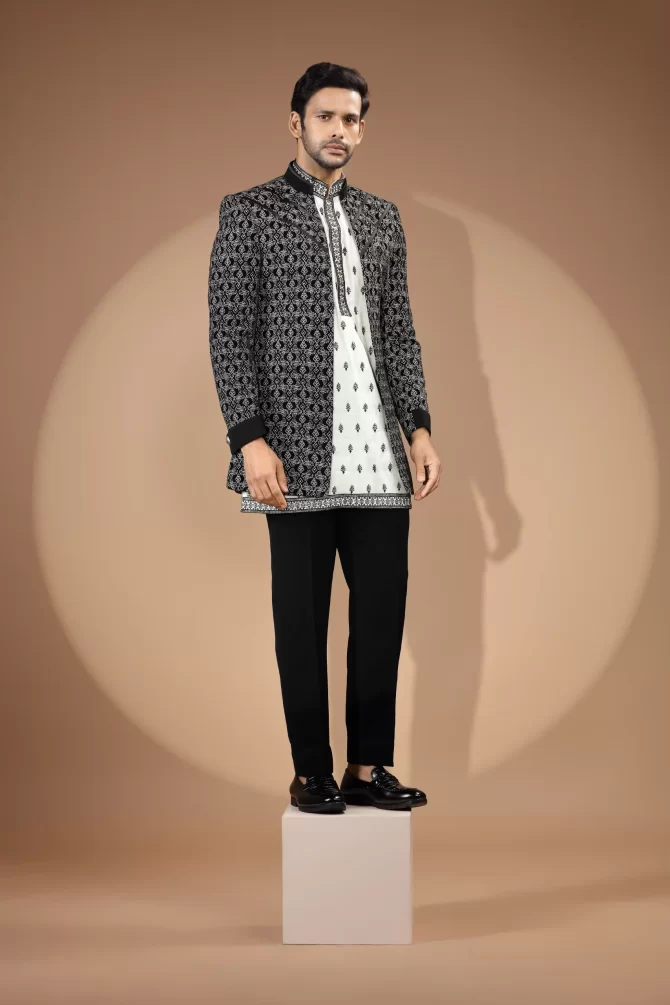 Black & White Printed Sequin Thread Embroidered Velvet Indo-Western