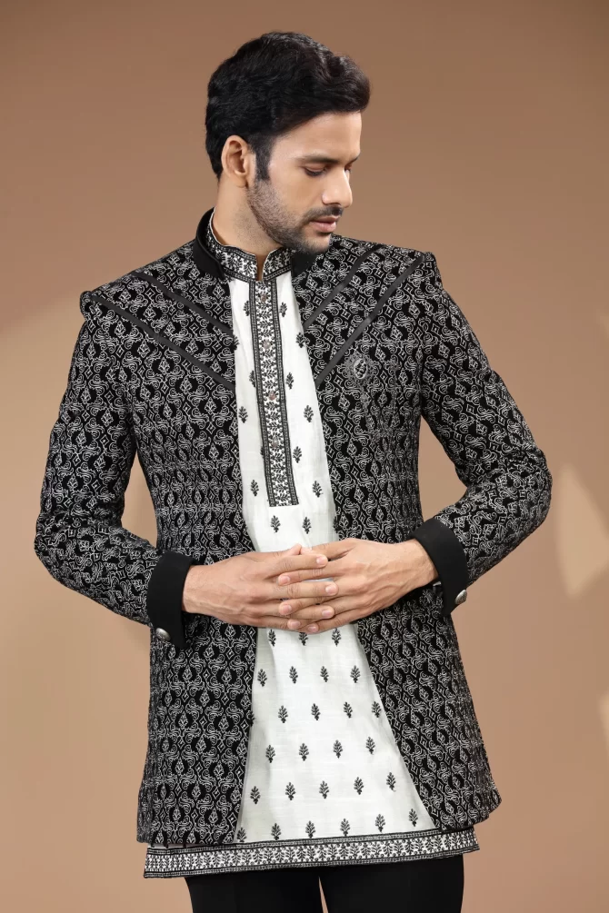Black & White Printed Sequin Thread Embroidered Velvet Indo-Western