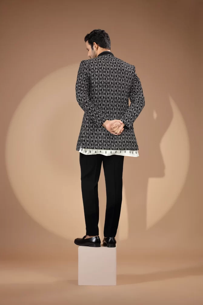 Black & White Printed Sequin Thread Embroidered Velvet Indo-Western