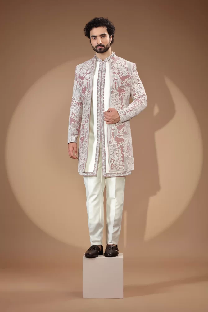 White & Pink Printed Sequin Embroidered Velvet Indo-Western