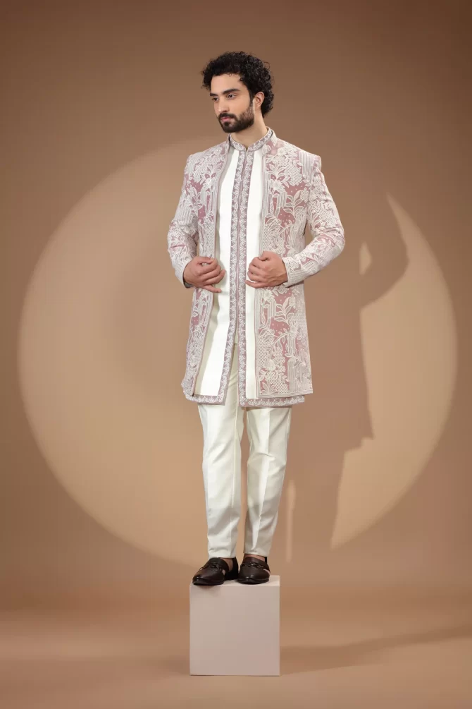 White & Pink Printed Sequin Embroidered Velvet Indo-Western