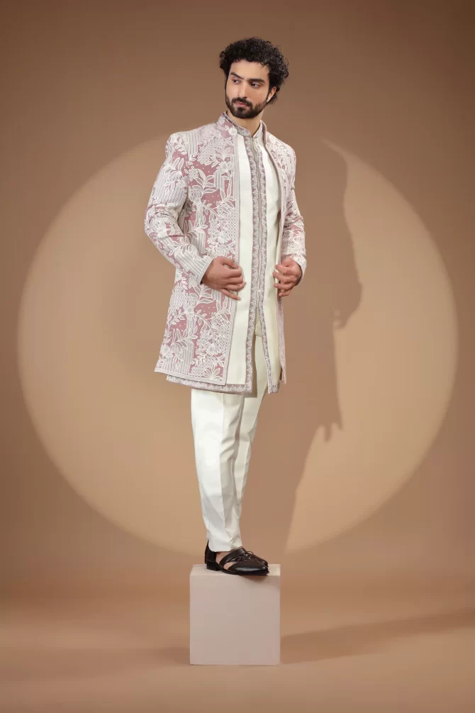 White & Pink Printed Sequin Embroidered Velvet Indo-Western