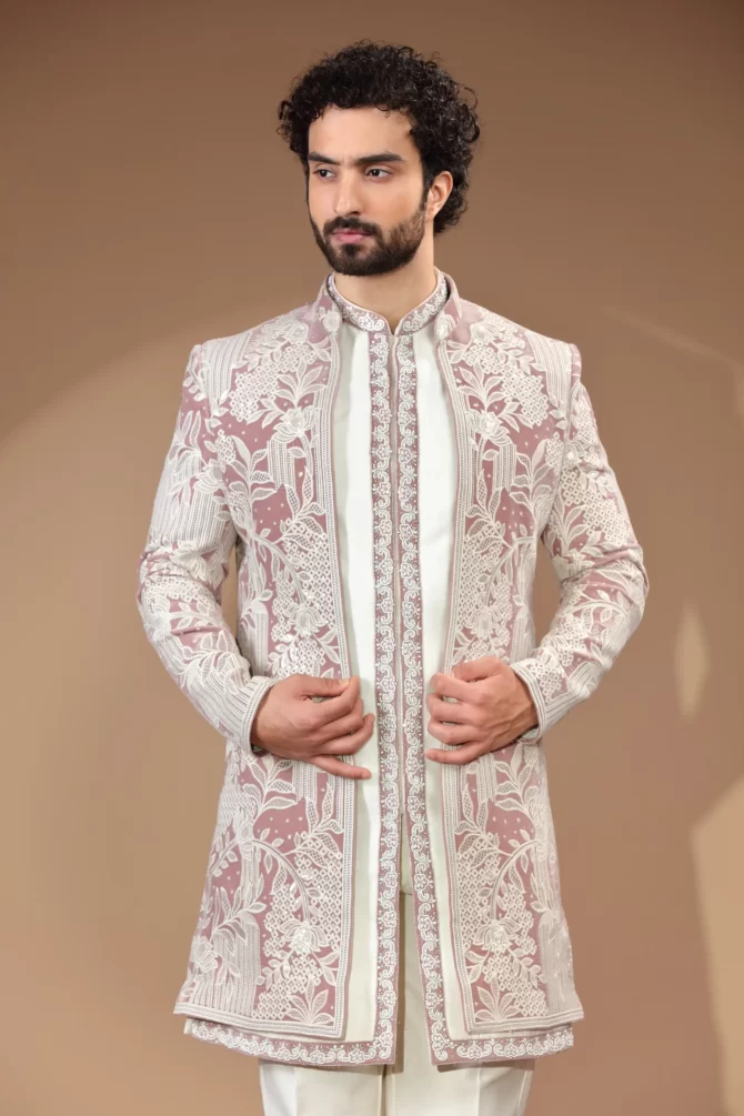 White & Pink Printed Sequin Embroidered Velvet Indo-Western