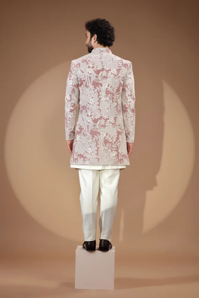 White & Pink Printed Sequin Embroidered Velvet Indo-Western