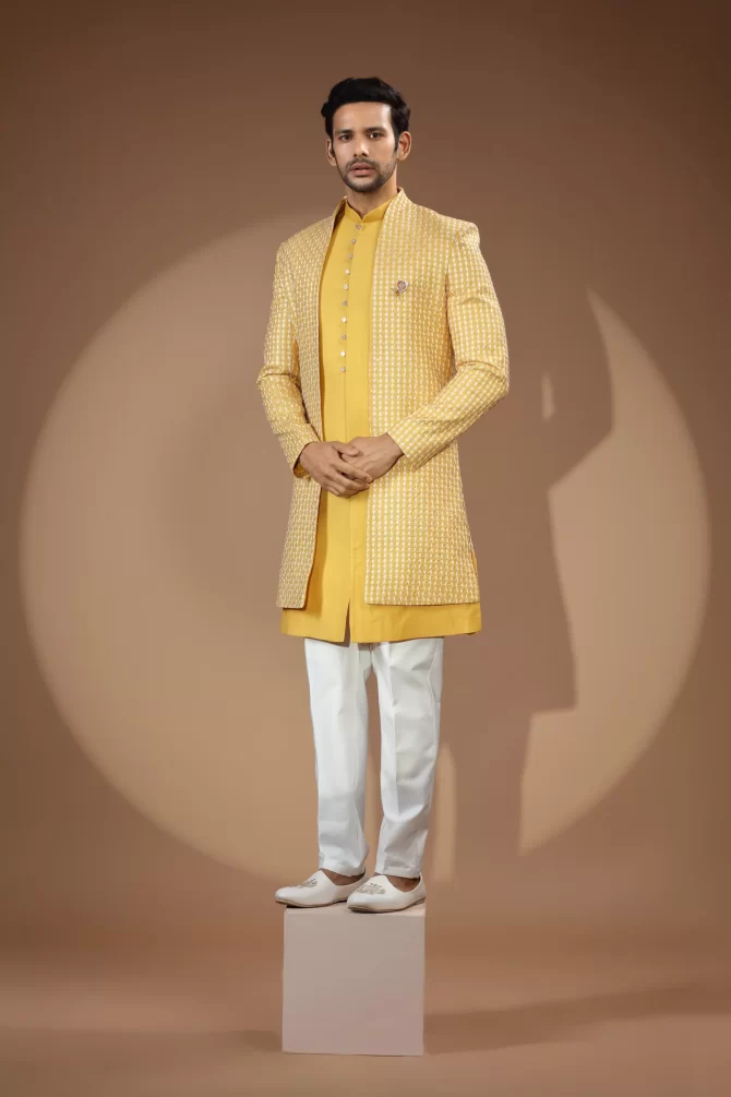 Yellow & White Sequin Thread Embroidered Velvet Indo-Western