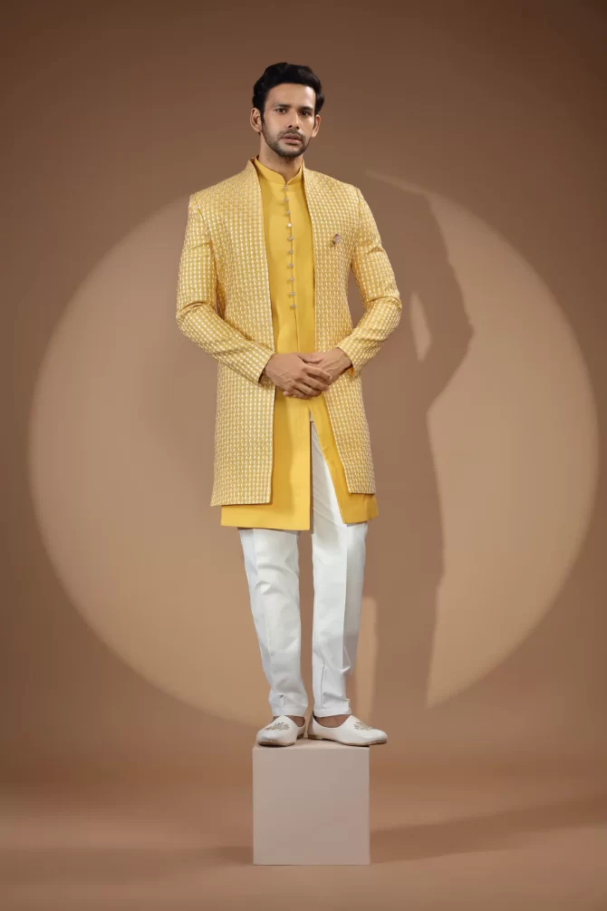 Yellow & White Sequin Thread Embroidered Velvet Indo-Western