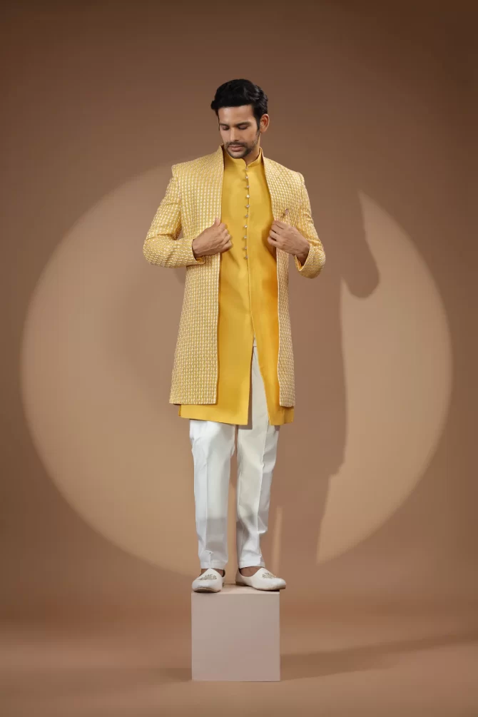 Yellow & White Sequin Thread Embroidered Velvet Indo-Western
